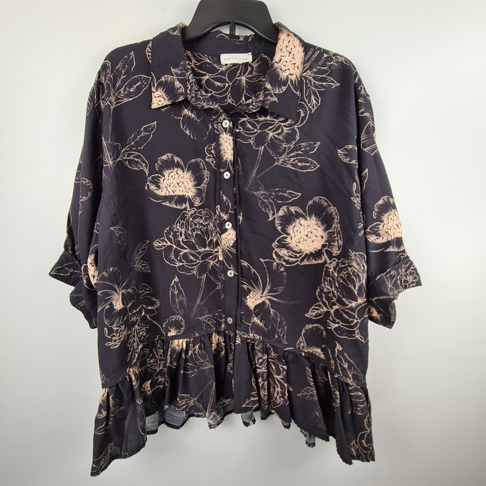 Entro Colette Floral High-Low Ruffle Hem Top XL Black Tan Floral Peplum Button